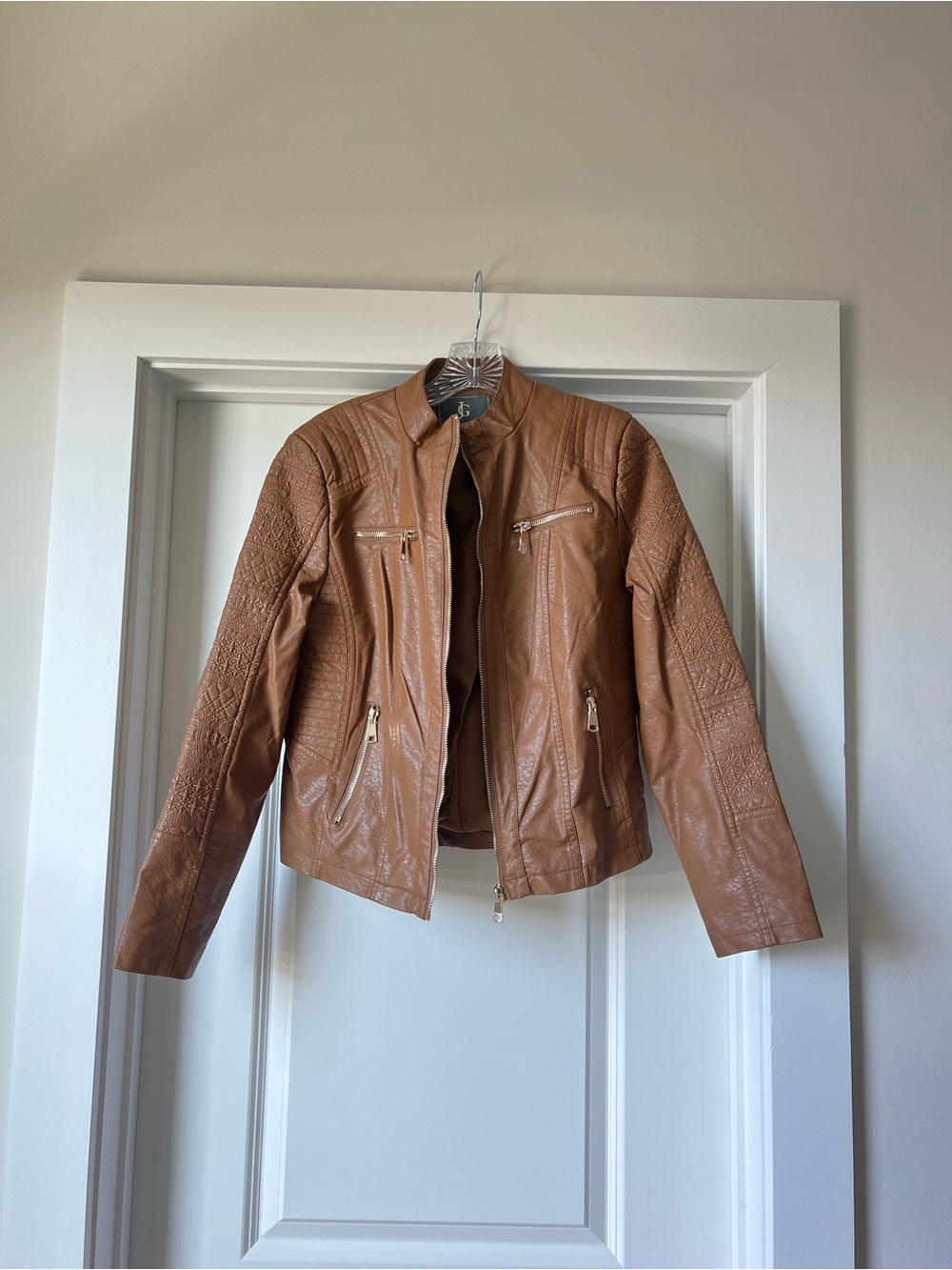 Jessica Graff Faux Leather jacket Zip-Front Motorcycle Brown Moto leather jacket